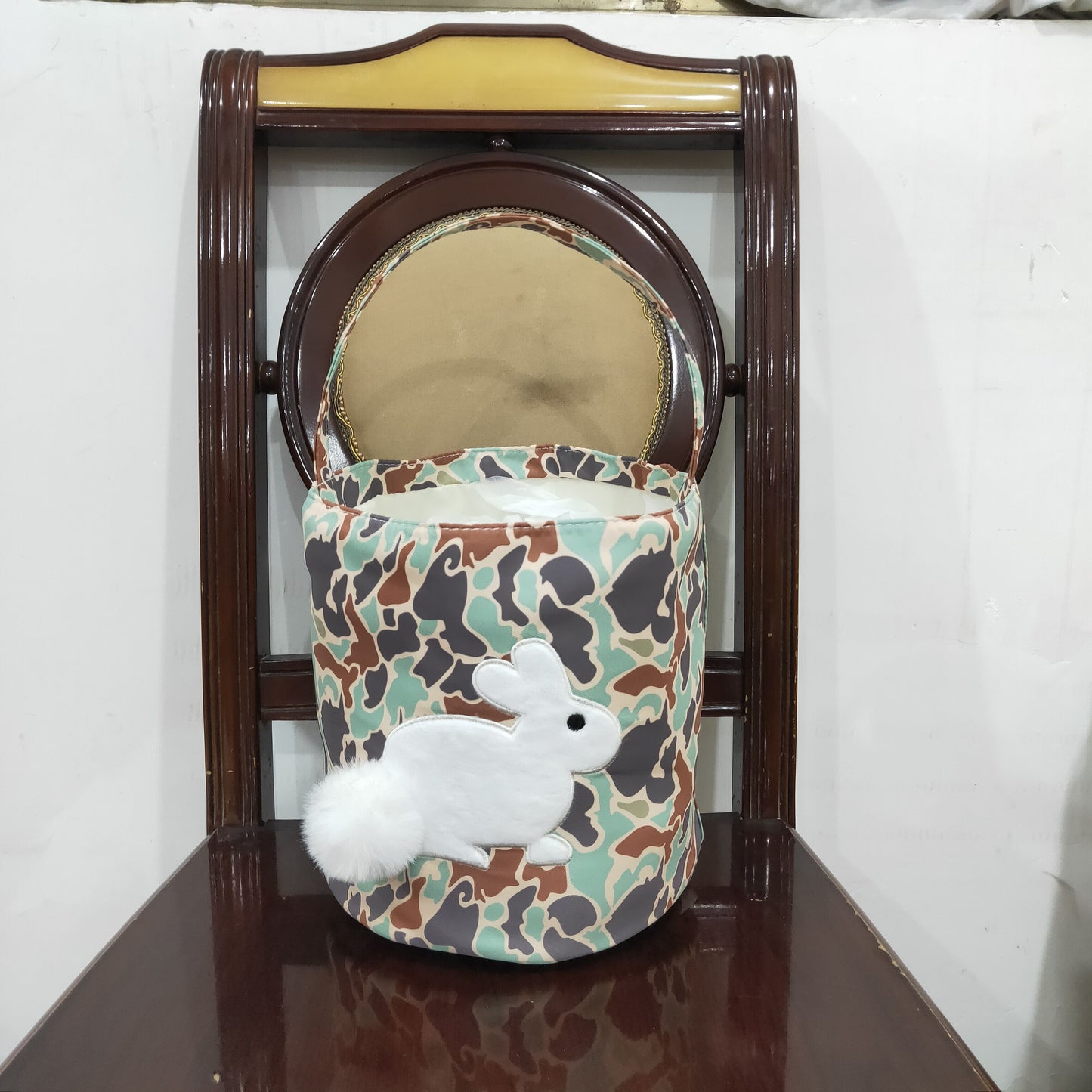 BA0387 Embroidered Easter Bunny Camouflage Print Little Bag Basket 202601 RTS