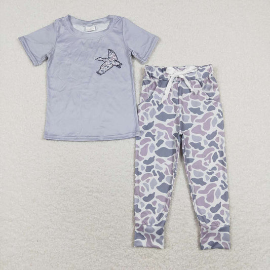 Bird Blue leopard Grey P0420 Top 2Pcs  Girls Short Sleeve Pants Outfits