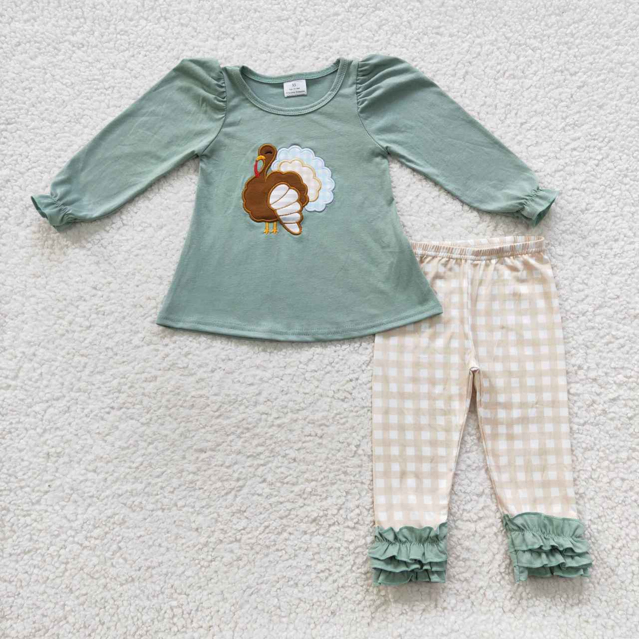 GLP0534 Thanksgiving Turkey Green Cartoon Embroidery Girls Long Sleeve Pants Outfits