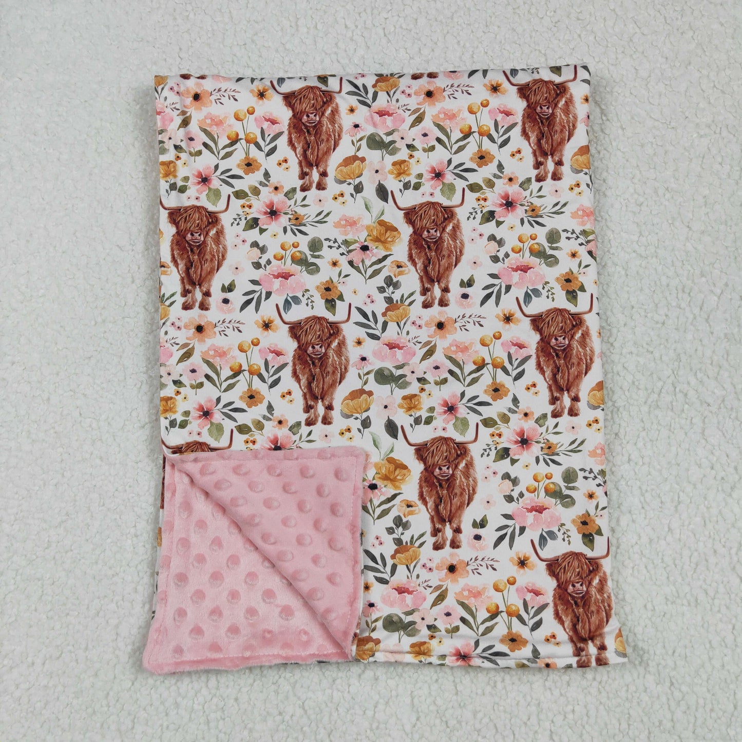 BL0011 Pink Floral Highland Cows Print Blanket RTS Free Shipping Over 2 KG