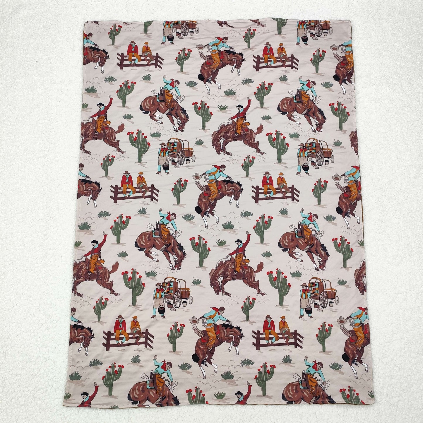 BL0069 Cowboy Beige Brown Cactus Riding Print Baby Blanket 29-43 inches RTS 202509