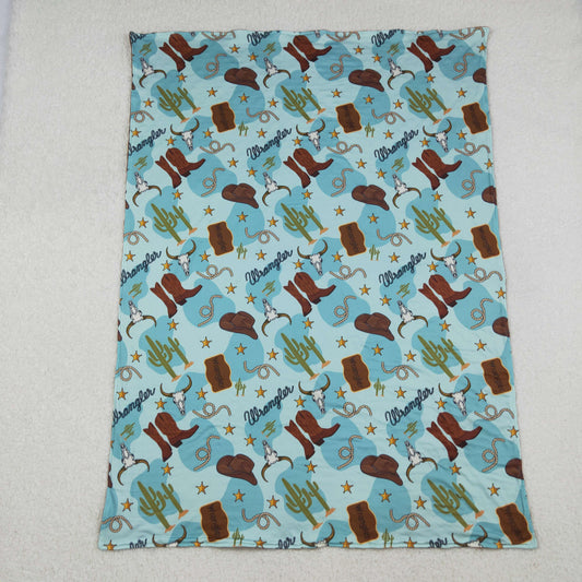 BL0175 Cow Head Cactus Cowboy Hat Boots Brown Blue Baby Blanket 29-43 inches 202510 RTS