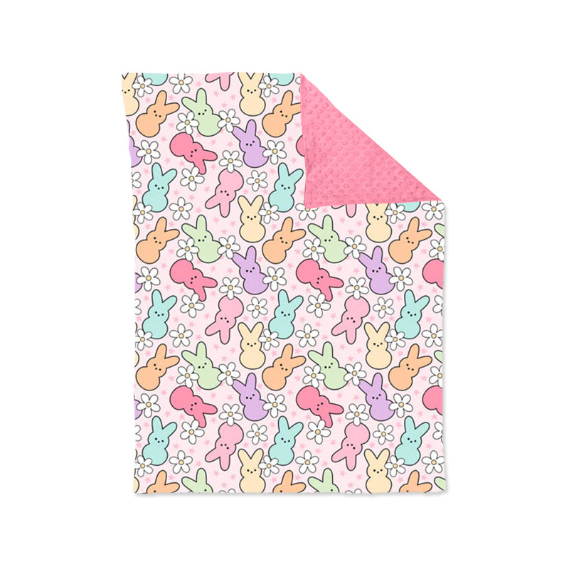 Preorder BL0185 Colorful Easter Bunny Flowers Pink baby blanket