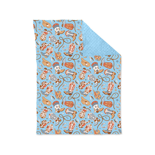 Preorder BL0214 Cowboy Boots Hat Blue Baby Blankets 29-43 inches  202508