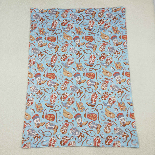 BL0214 Cowboy Boots Hat Blue Baby Blankets 29-43 inches  202510 RTS
