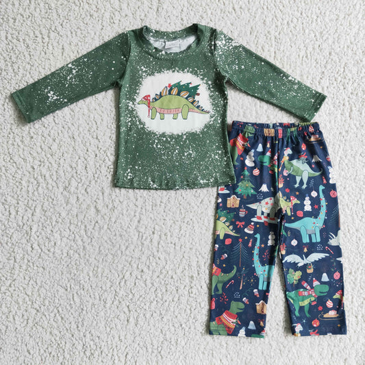 Clearance BLP0105 Boy Christmas Dinosaur green long sleeve pant suit