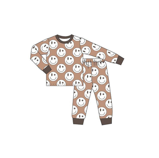 BLP0177 Brown Smile Emoji Boys Long Sleeve Pants Outfits Pajamas