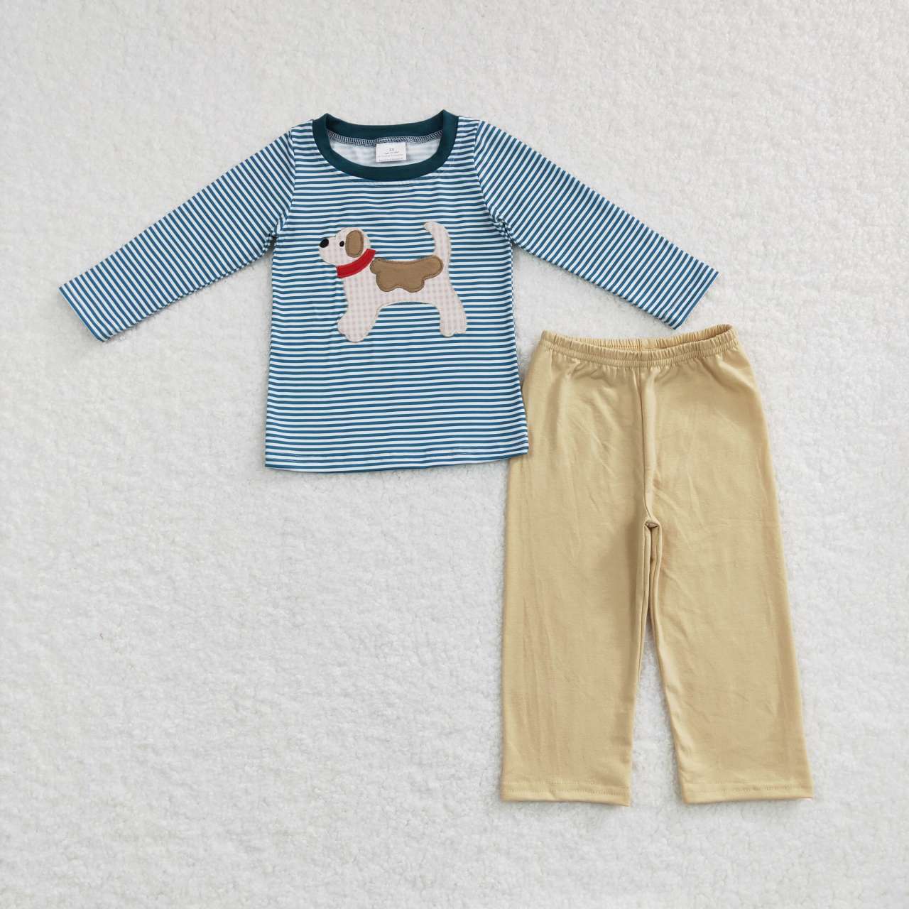 BLP0380  Blue Striped Top Beige Pants Set Boys outfit with puppy Long Sleeve Pants Outfit