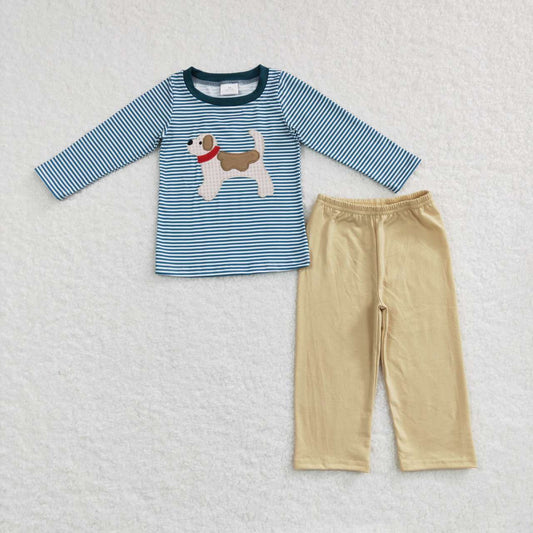 BLP0380  Blue Striped Top Beige Pants Set Boys outfit with puppy Long Sleeve Pants Outfit