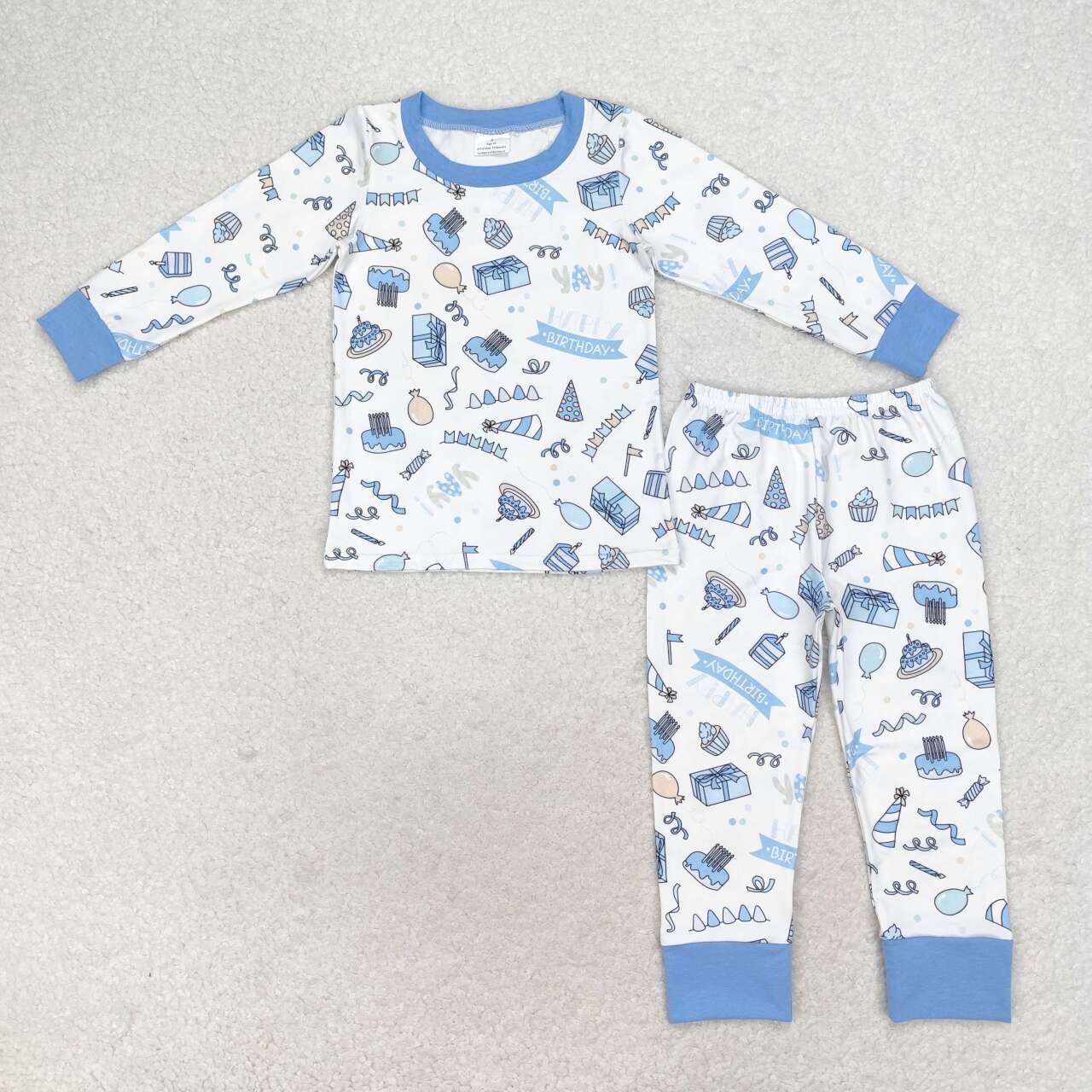 BLP0470 NO MOQ happy birthday cake Blue and white long sleeve trousers pajamas set