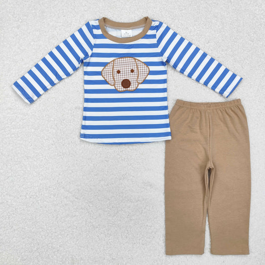 BLP0478 Embroidered puppy blue striped khaki pantsuit