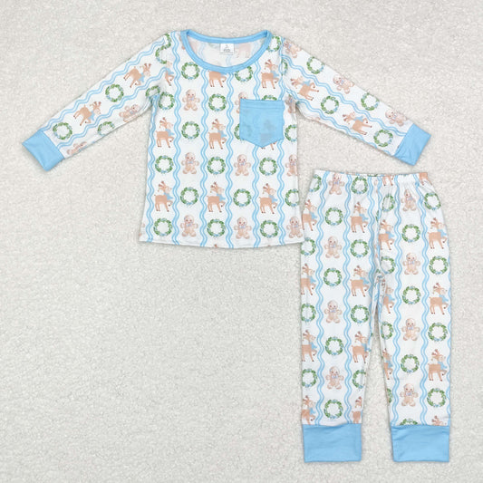 BLP0483 Modal gingerbread Man Deer Garland Blue pocket long sleeve pants pajamas set