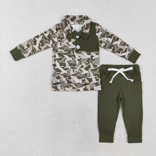 BLP0493 RTS Duck camouflage button long sleeve dark green pantsuit