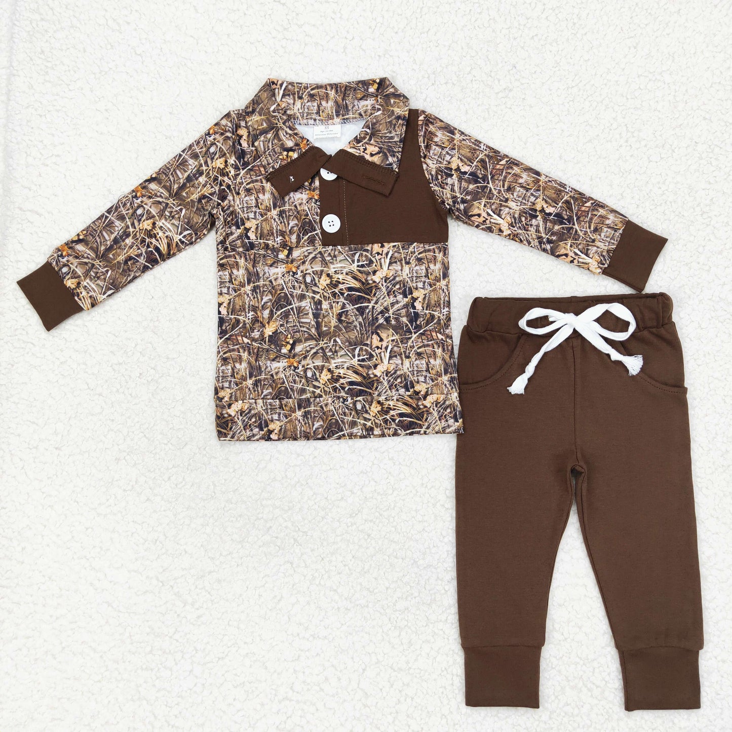 BLP0495 NO MOQ Leaf camouflage button long sleeve brown pantsuit western clothes