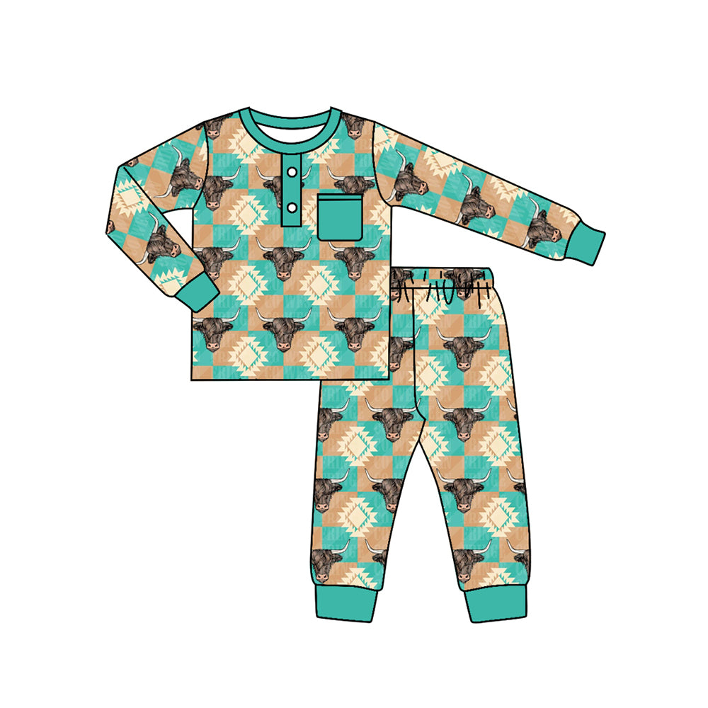 Preorder BLP0498 Alpine bull head geometric plaid pocket long sleeve pants pajamas set