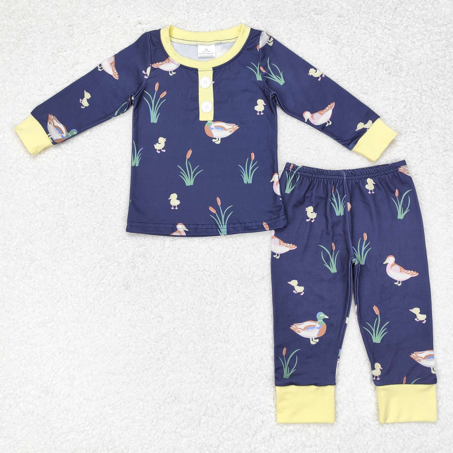 BLP0500 NO MOQ Duck yellow border navy blue long sleeve pants pajamas set western clothes