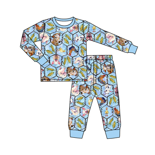 Preorder BLP0501 Corn cattle and sheep animal plaid blue long sleeve pants pajamas set