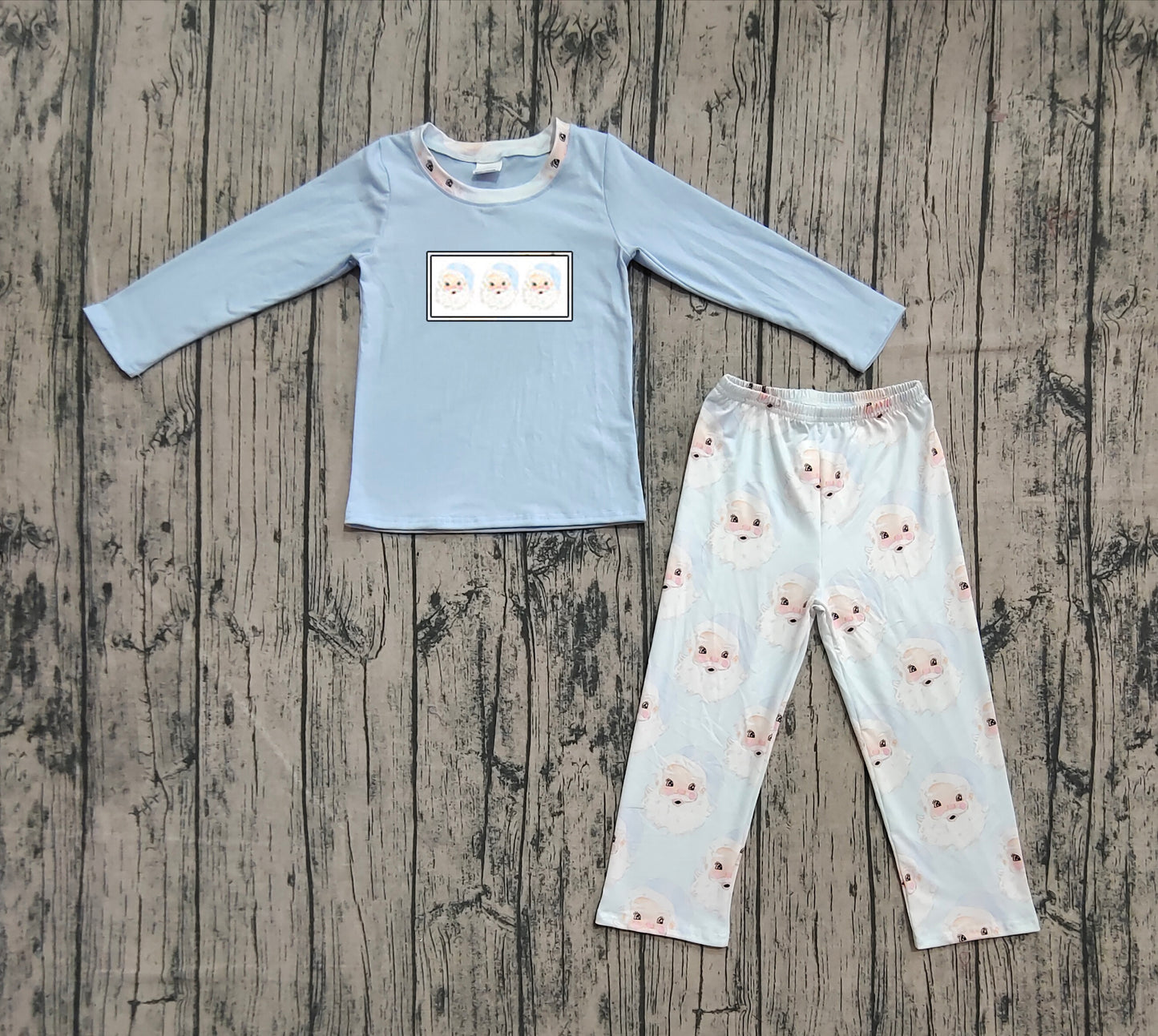 BLP0505 Embroidered Christmas Claus Blue Long Sleeve Pants Pajamas Sets 202509 RTS