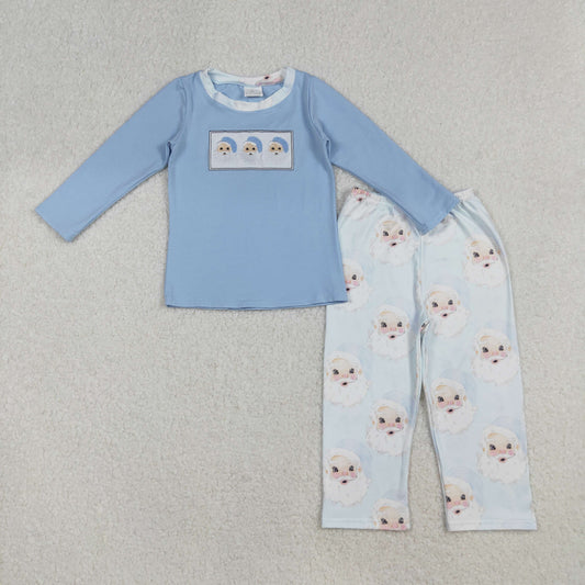 BLP0505 Embroidered Christmas Claus Blue Long Sleeve Pants Pajamas Sets 202509 RTS