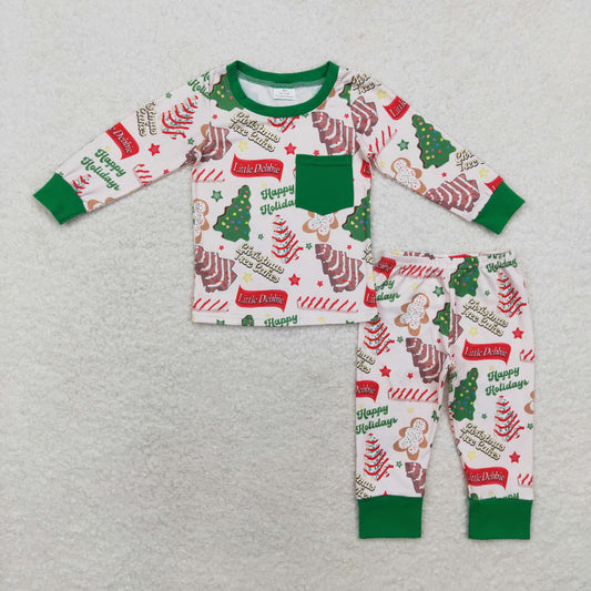 BLP0506 happy holidays Christmas Tree cookies Green pocket long sleeve pants pajama set