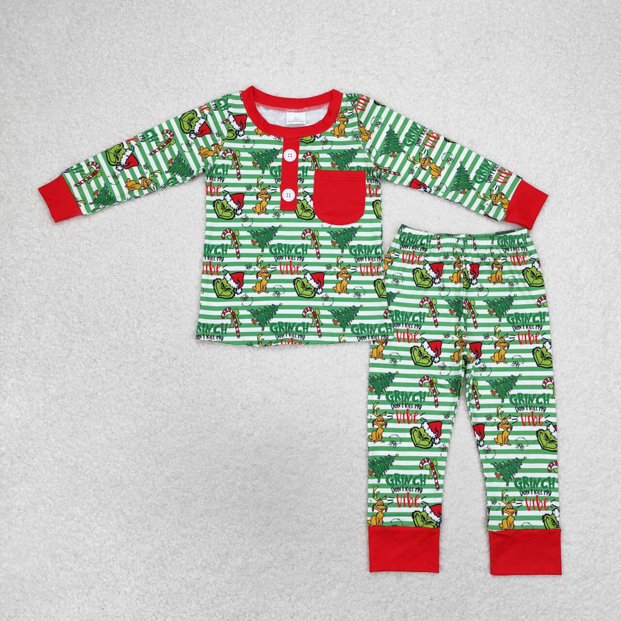 BLP0507 grinch Puppy Christmas Tree Red pockets Green striped long sleeve pants pajama set