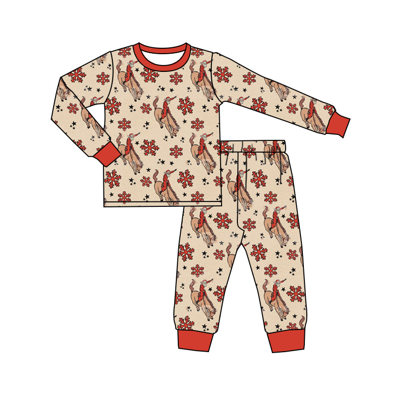 Preorder BLP0512 Santa riding Snowflake light brown long sleeve pants pajamas set