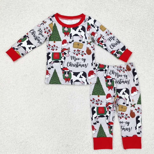 BLP0513 NO MOQ Christmas Tree Cow grey red long sleeve trousers pajamas set