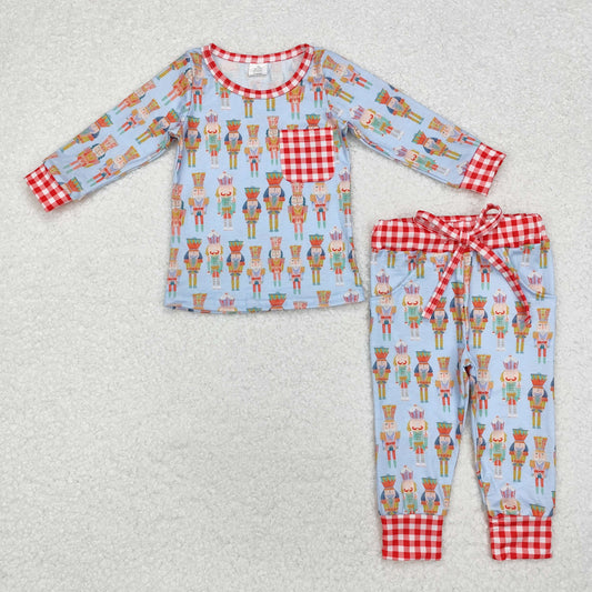 BLP0521 Modal Christmas Nutcracker plaid pocket blue long sleeve pants pajamas set