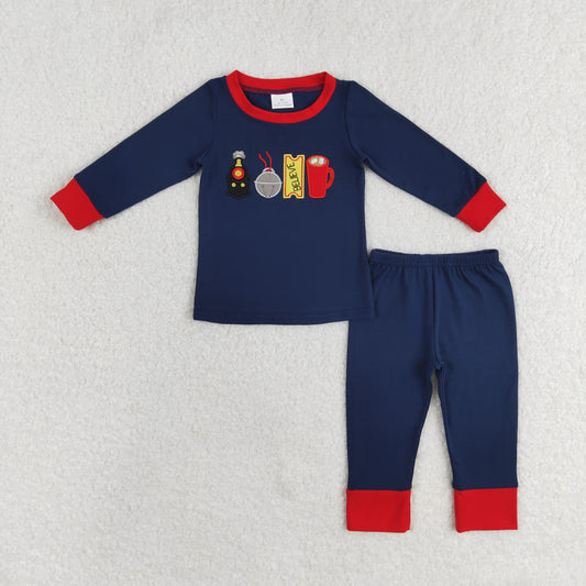 BLP0527 RTS believe Embroidered bell navy blue long sleeve pants pajamas set