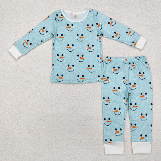 BLP0543 RTS Christmas Bamboo Pajamas Snowman Blue Green Long Sleeve Pants Pajamas Boys Set