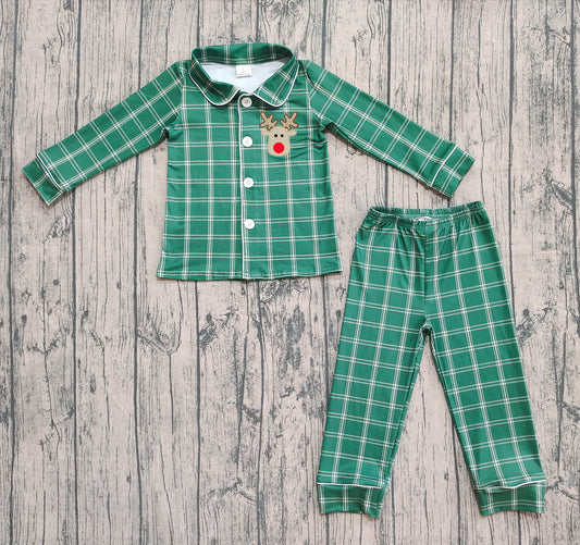 Preorder BLP0545 Embroidered Christmas Deer Green Plaid Button Long Sleeve Pants Pajamas Sets 202508
