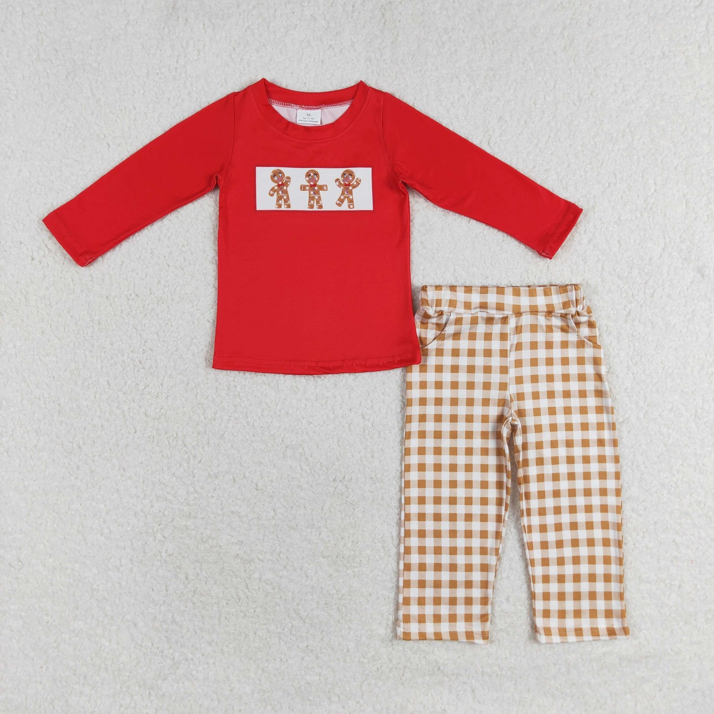 BLP0552 RTS Gingerbread Man Red long-sleeved brown plaid pants suit