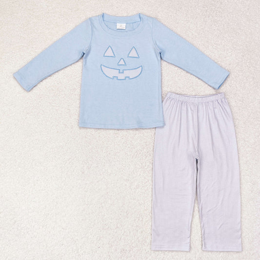 BLP0562 western clothes Casual Dress Embroidered Halloween Smiley Face Blue Long Sleeve Plaid Pants Suit Cotton Fabric No MOQ