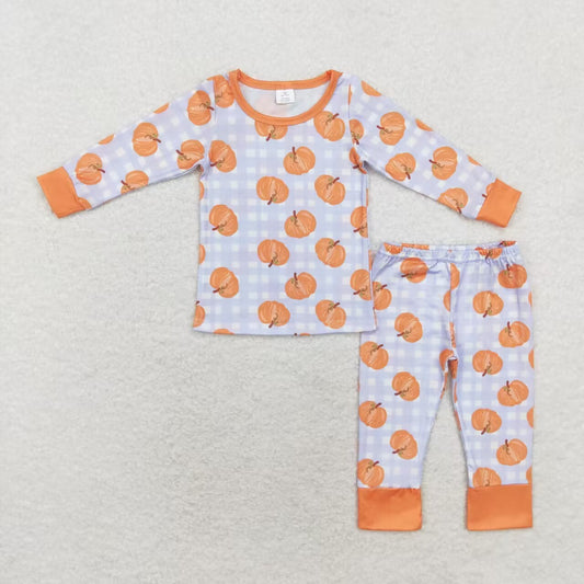 BLP0584 Modal pumpkin blue plaid long sleeve pants pajamas set