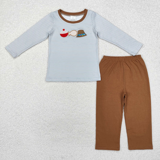 BLP0592 Embroidered Fishing Hat Stripe Long Sleeves and Brown Pants Boys Sets RTS 202509