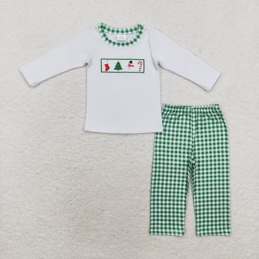 BLP0603 Embroidered Christmas Tree Snowman crutch White long-sleeved green plaid pantsuit