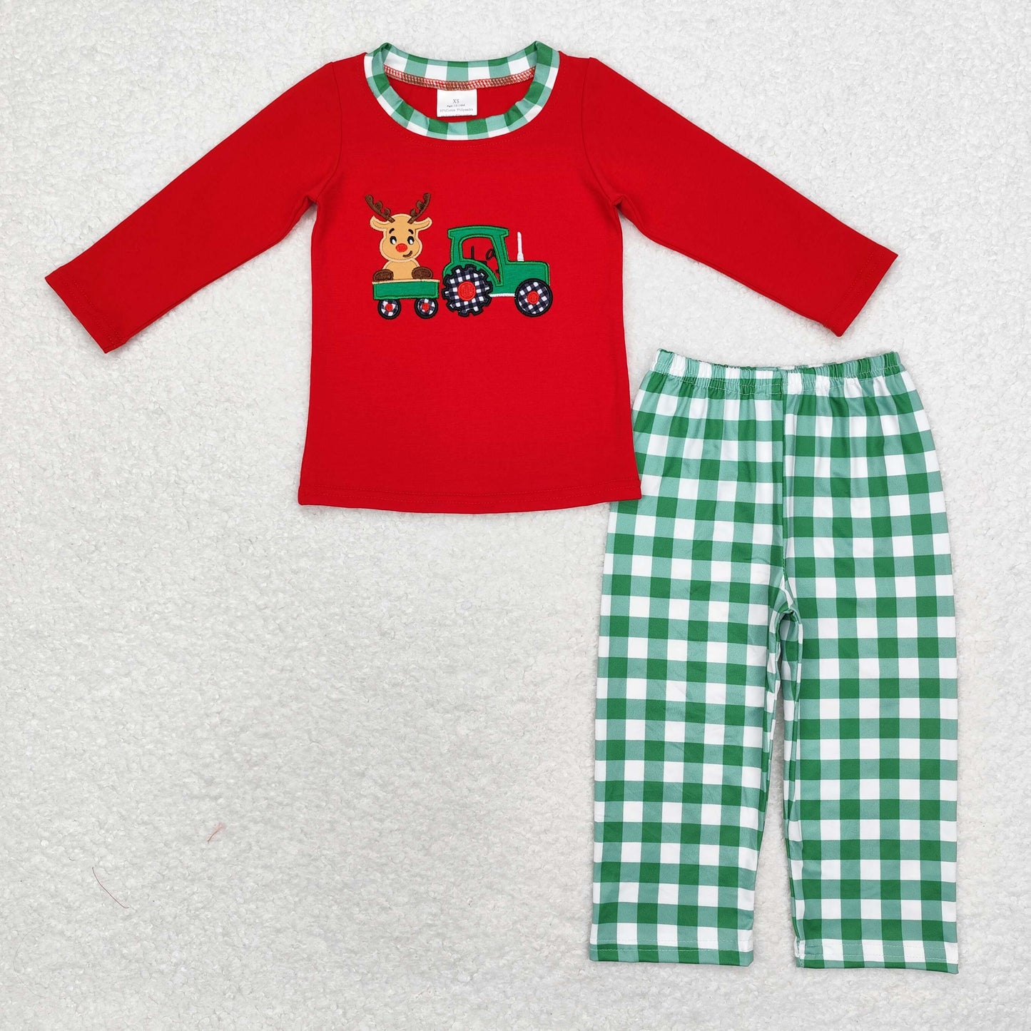 BLP0611 Embroidered Christmas Reindeer truck Red long sleeve green plaid pantsuit