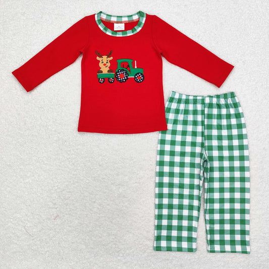 BLP0611 Embroidered Christmas Reindeer truck Red long sleeve green plaid pantsuit