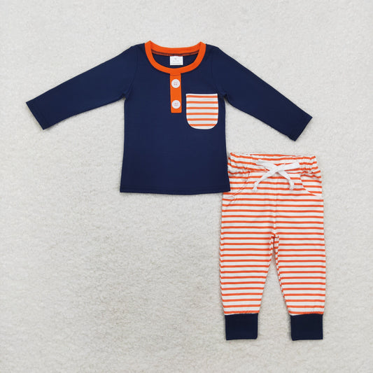 BLP0627 Navy blue long sleeve pants suit with orange stripes pockets