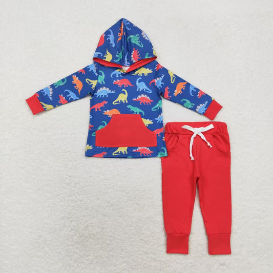 BLP0637 Dinosaur blue hooded long-sleeved red pantsuit