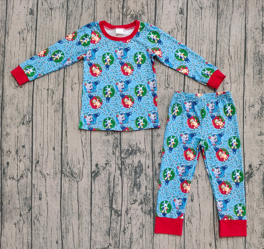 BLP0638 Cartoon Bluey Blue Red Long Sleeve Pants Pajamas Boys Set 202508