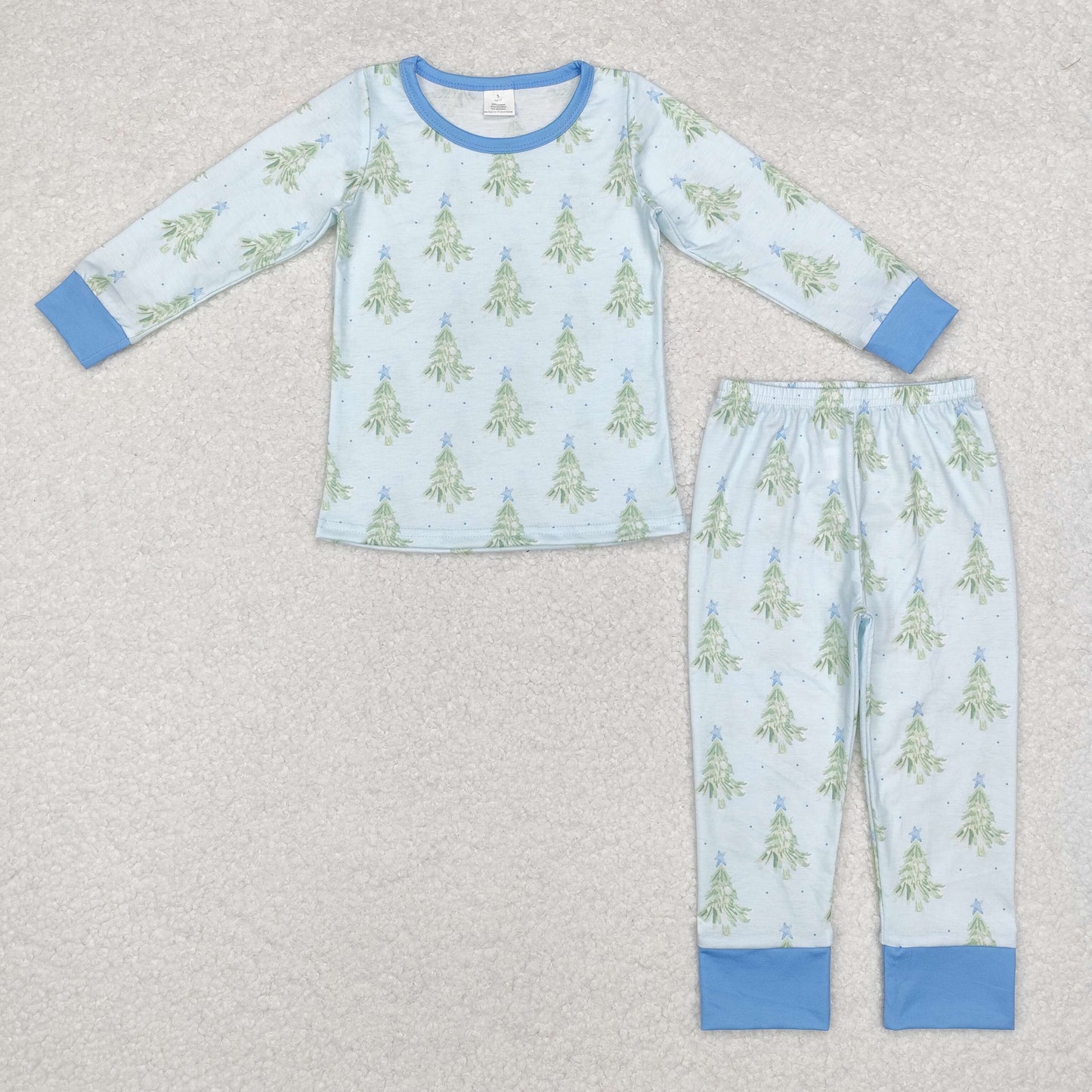 BLP0639 Modal Christmas Tree Stars Blue Long sleeve pants pajamas set High quality