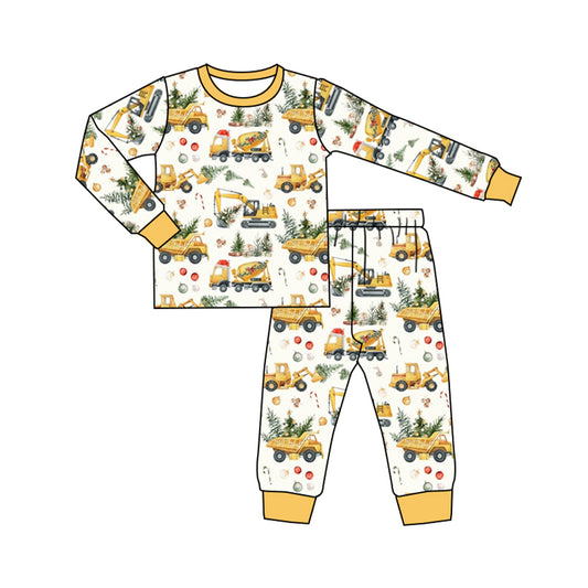 Preorder BLP0649 NO MOQ Christmas tree engineering car beige long sleeve trousers pajamas set