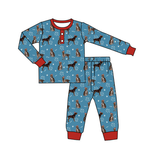 Preorder BLP0652 Santa Hat puppy paw print snowflake red blue long sleeve pants pajamas set