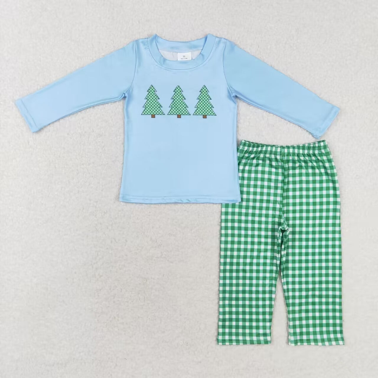 BLP0659 Christmas tree blue long-sleeved green plaid pantsuit