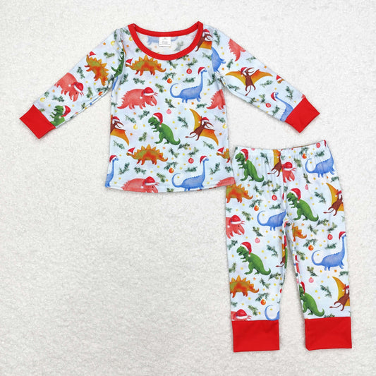 BLP0664 Modal Christmas Dinosaur Blue Long sleeve trousers pajama set High quality