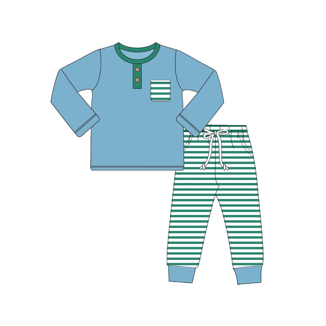 Preorder BLP0666 NO MOQ long sleeve blue pantsuit with green striped pockets