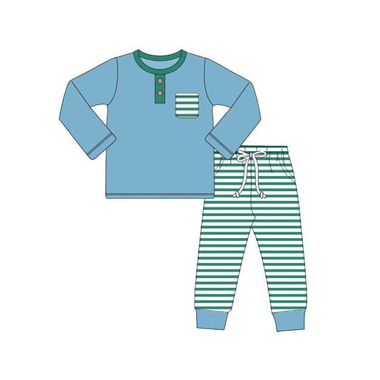 Preorder BLP0666 NO MOQ long sleeve blue pantsuit with green striped pockets