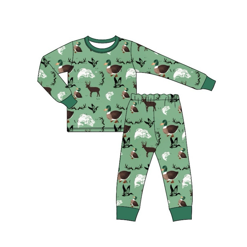 Preorder BLP0668 NO MOQ Duck Fish Elk green long sleeve pants pajamas set