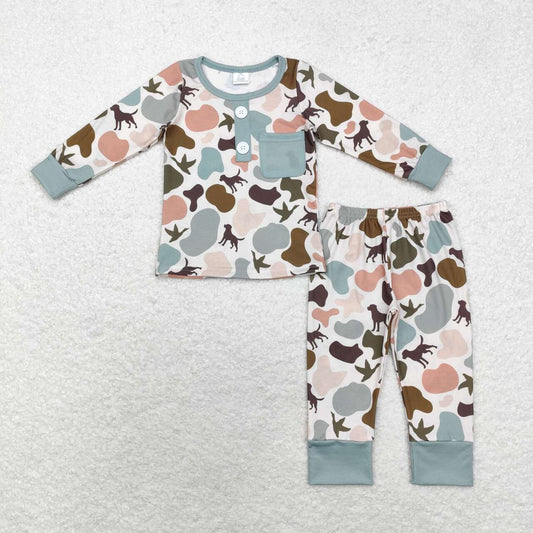 BLP0669 Modal Puppy Duck Camouflage green pocket long sleeve pants pajama set